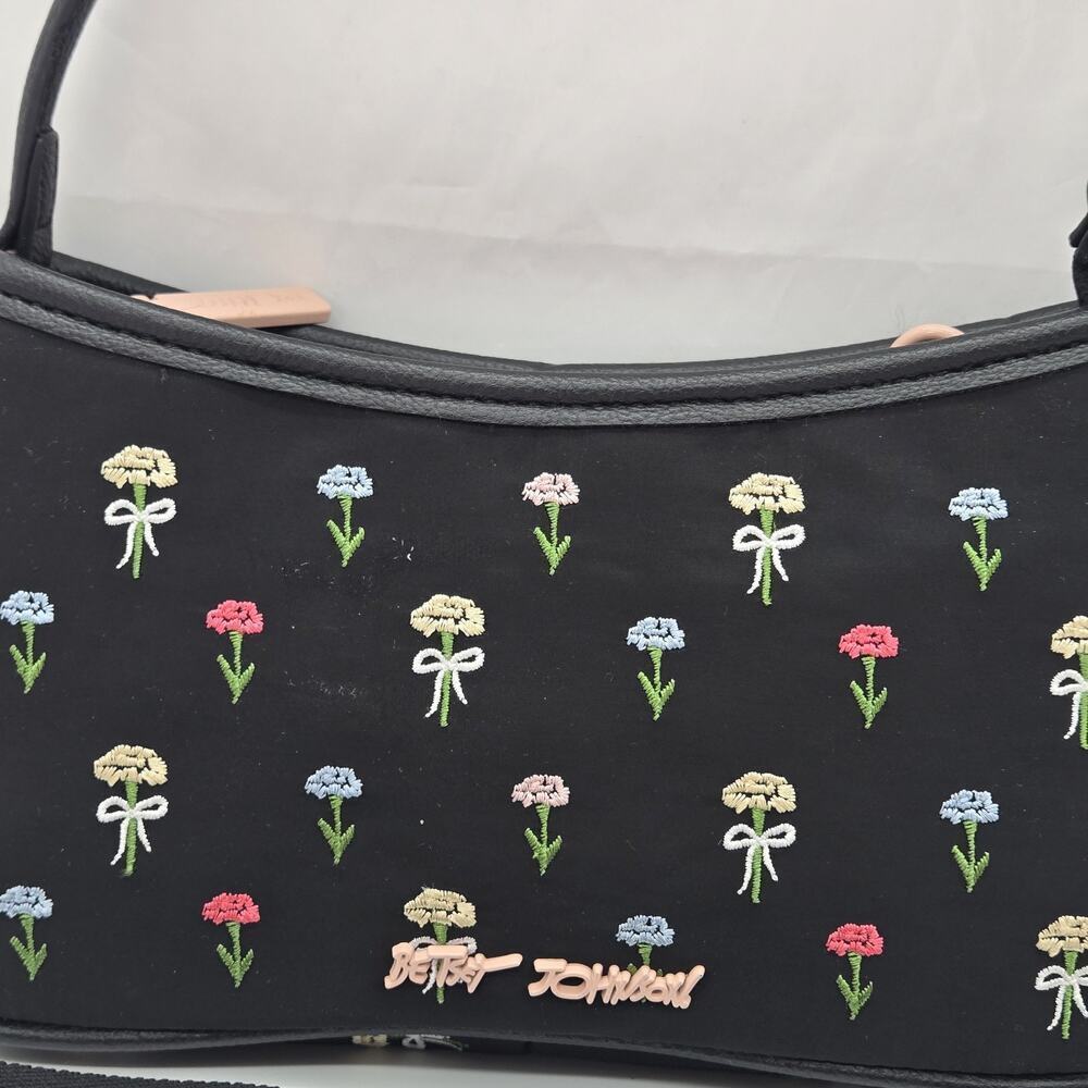 Betsey Johnson Black Nylon Shoulder Bag XOLINN Flowers Embroidered Coquette NEW